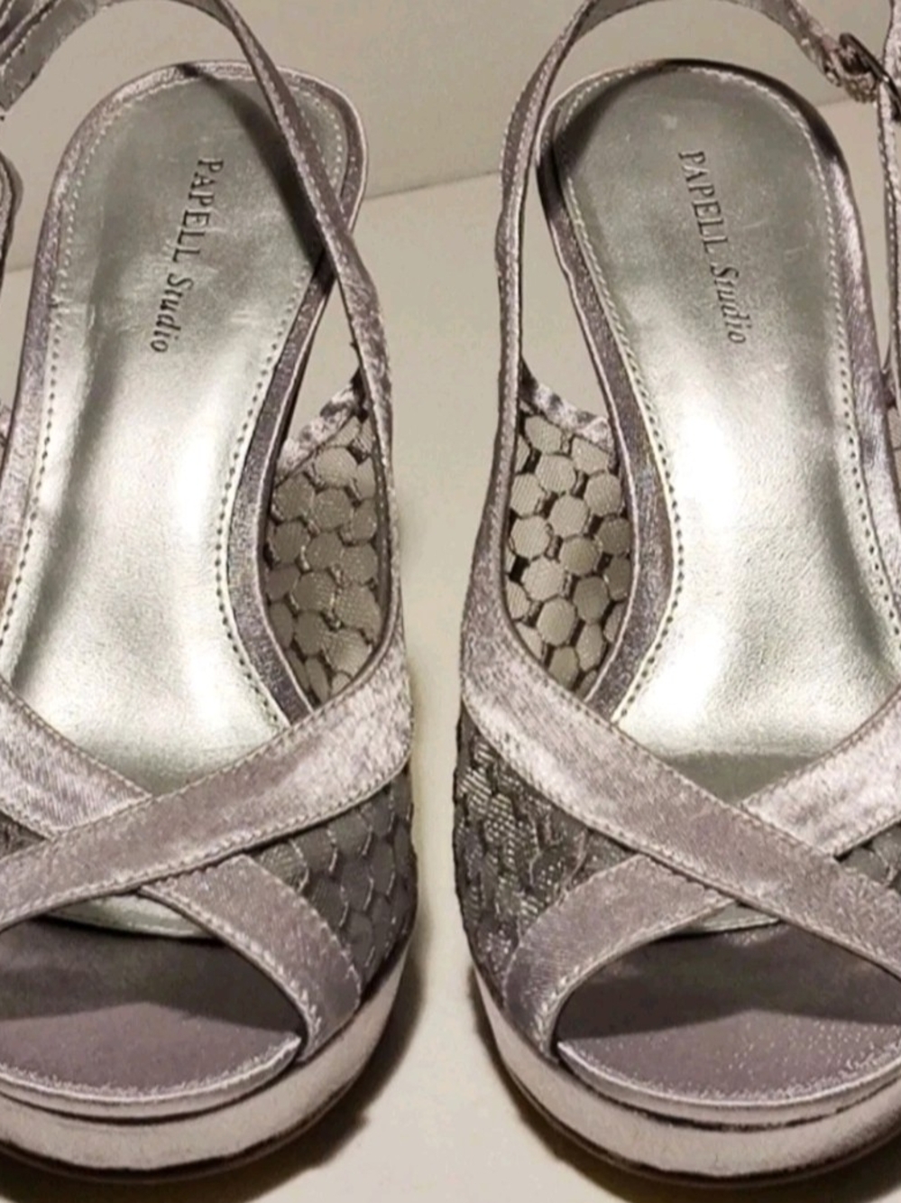Papell Studio Womens 6M Silver Satin & Mesh 3.5" Heels NEW